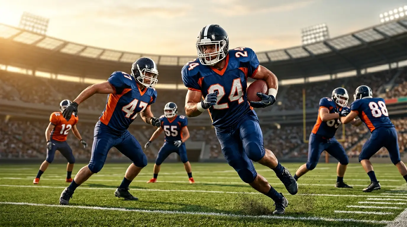 American football players running drills in custom blue and orange printed practice jerseys with bold numbers