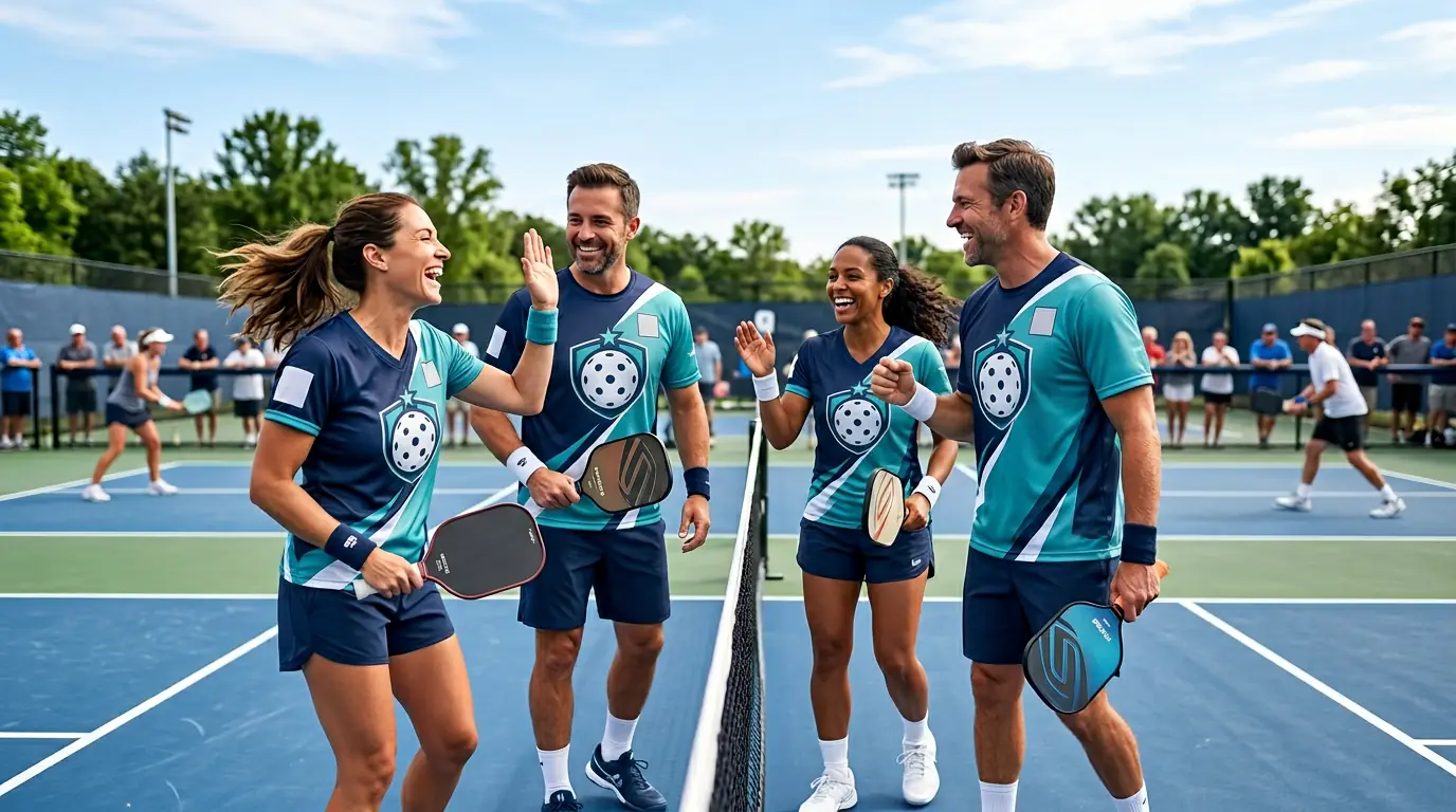 Pickleball tournament players celebrating at the net in custom teal and navy event shirts