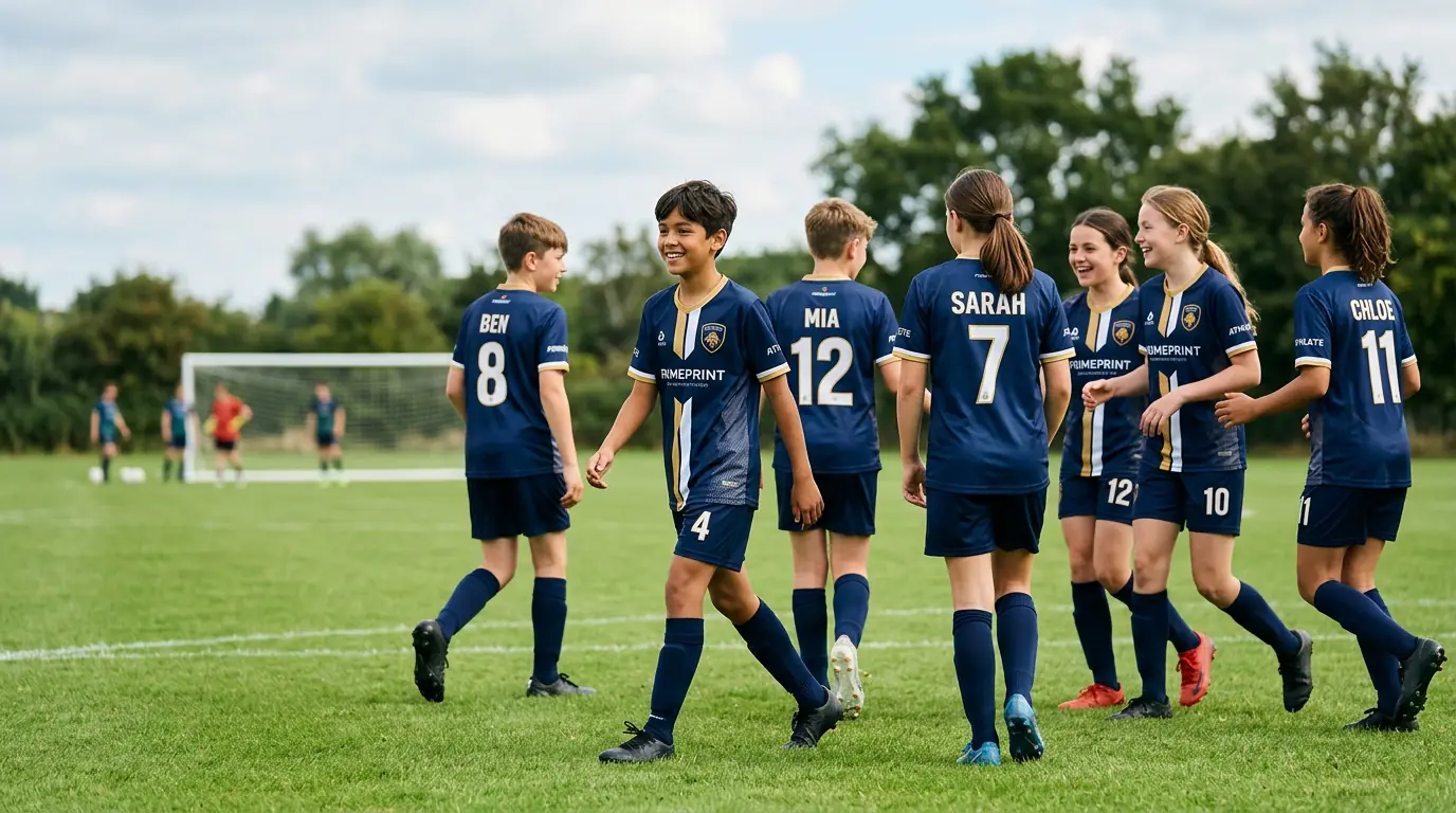 Youth soccer team on a grass pitch wearing custom navy jerseys with player names and numbers
