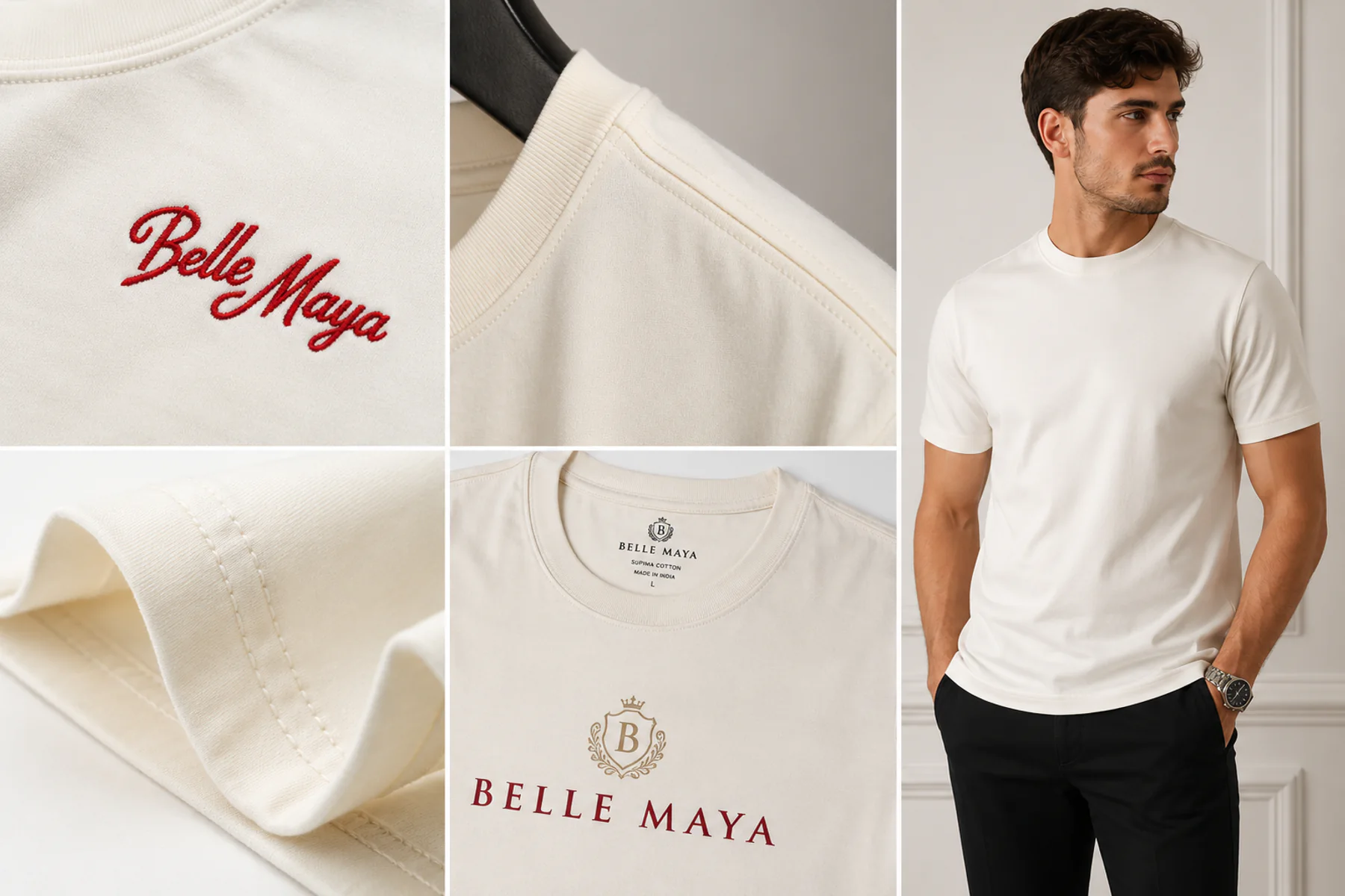 Editorial Belle Maya garment story showing aligned red embroidery, collar and hem construction, an interior label, and a finished ivory T-shirt on a model