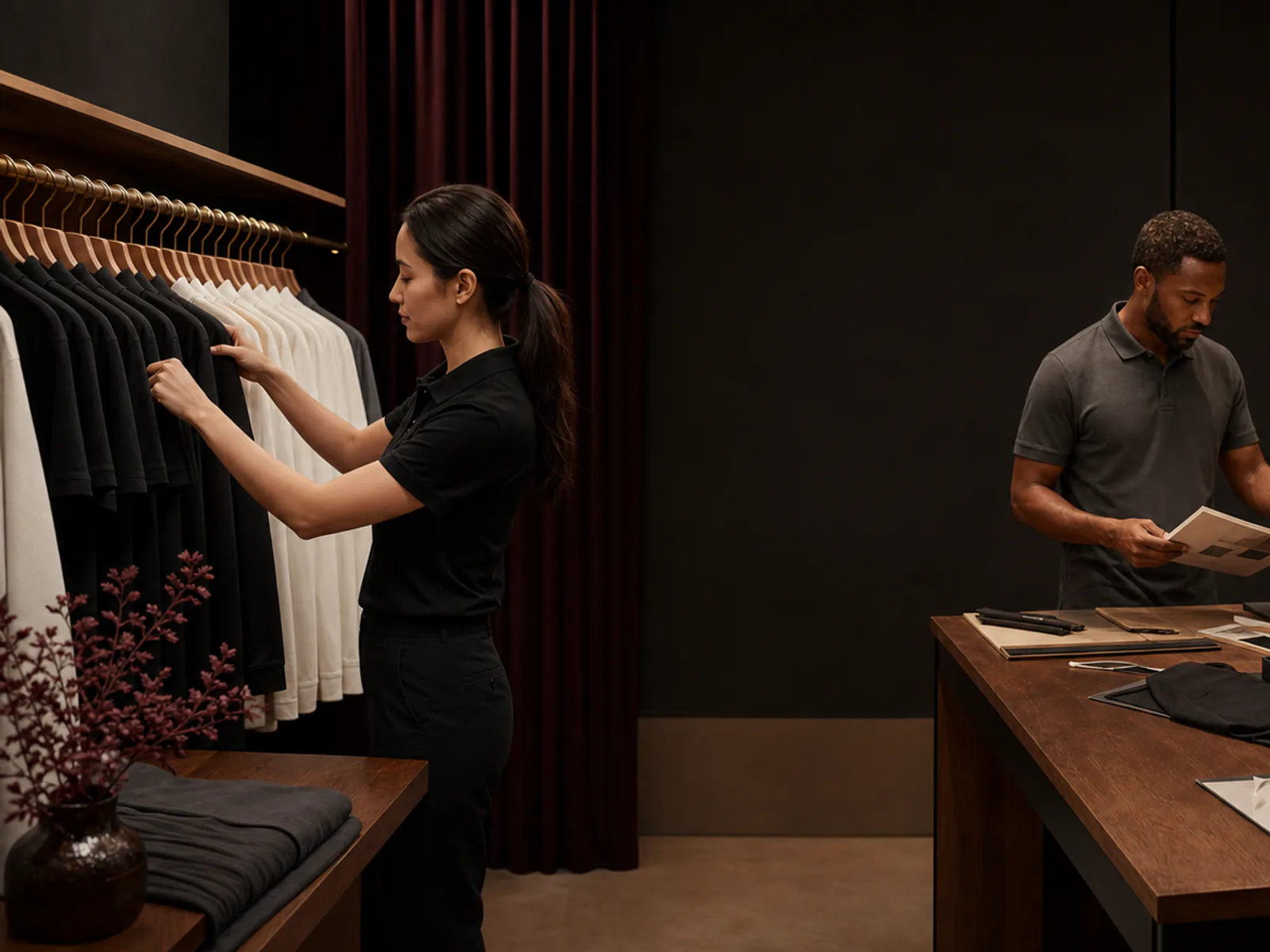 Apparel studio staff comparing proofs, sorting polos, and preparing coordinated team garments