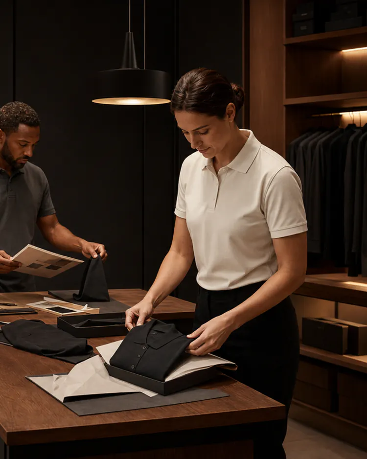 Apparel studio staff comparing proofs, sorting polos, and preparing coordinated team garments