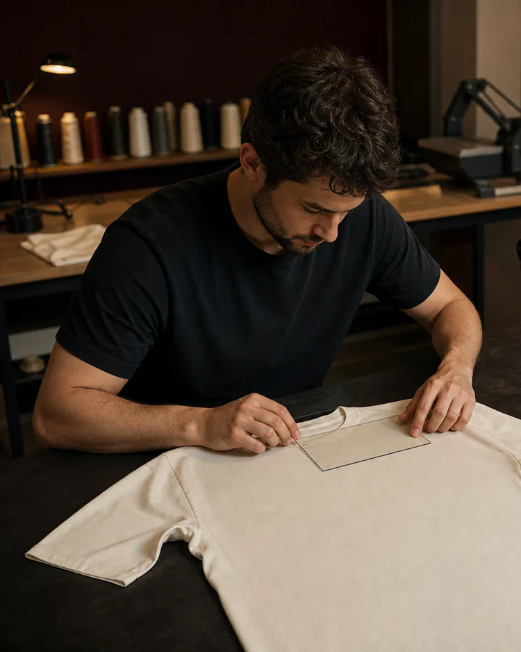Two apparel makers reviewing chest placement on an ivory custom T-shirt before production