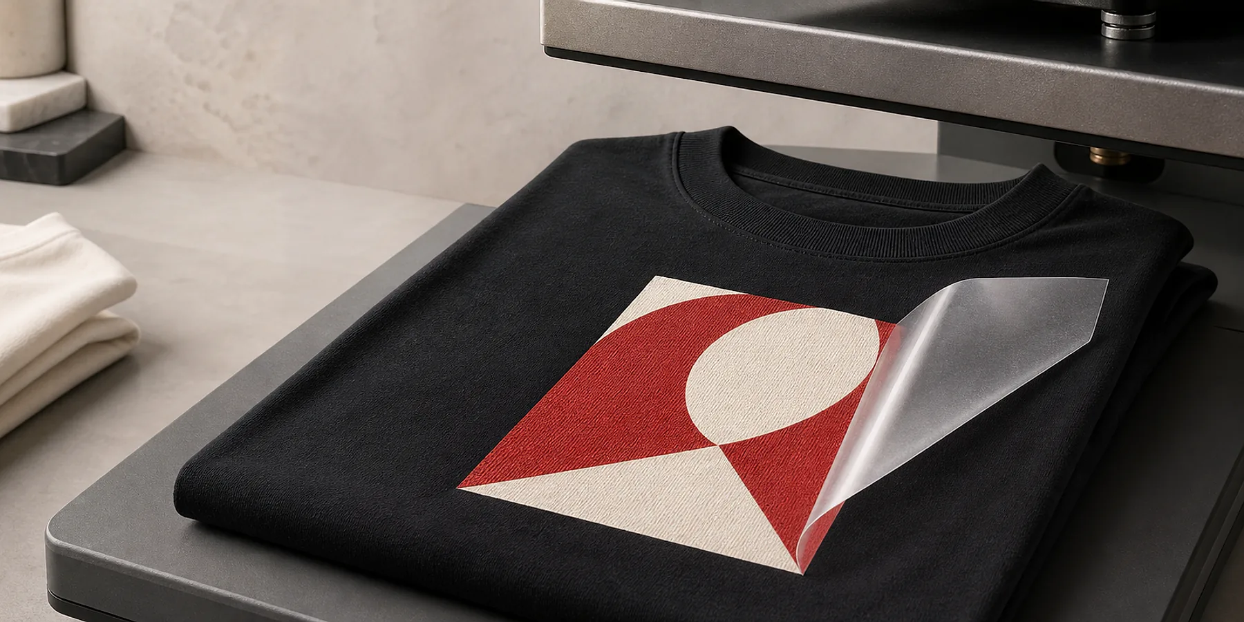 A technician aligning a full-color geometric DTF transfer on a black shirt before heat pressing