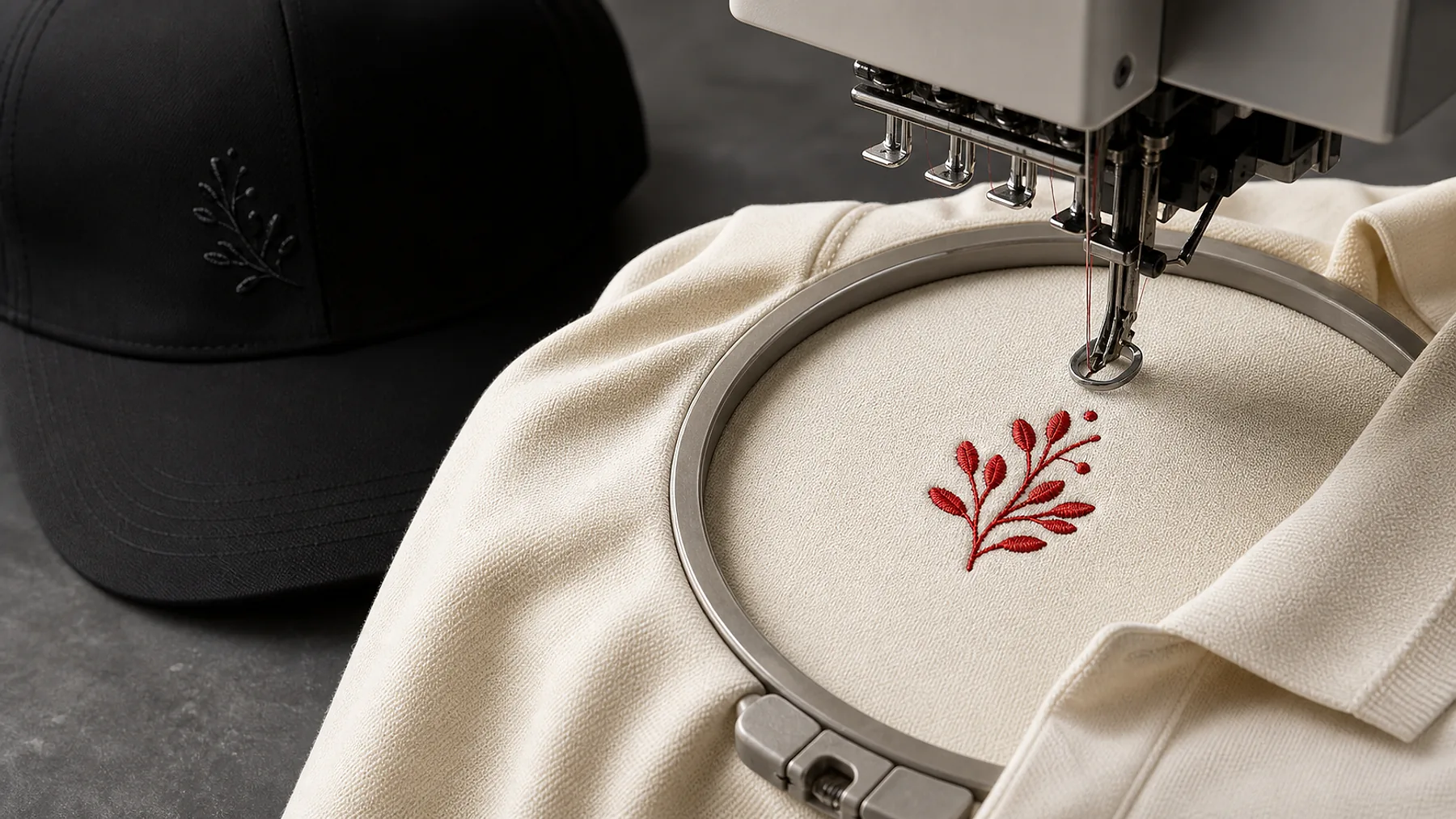 Close view of a commercial embroidery machine stitching a precise red botanical emblem