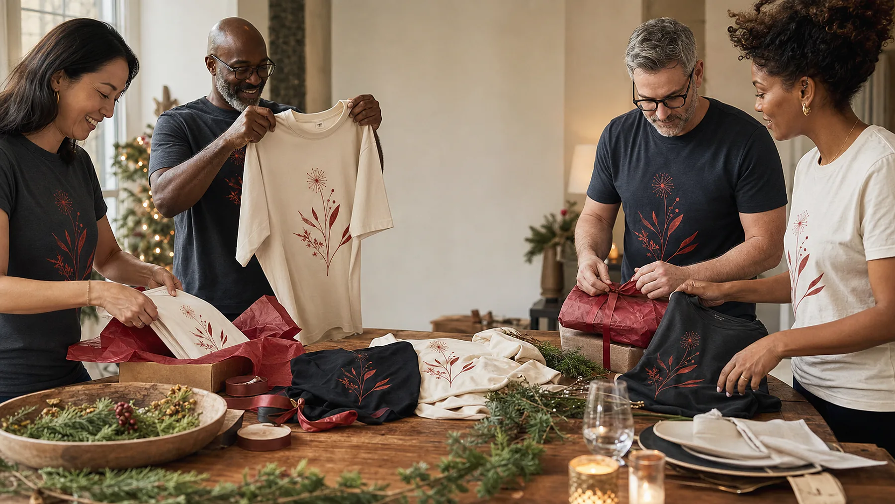 A coordinated holiday apparel order being folded, checked, and prepared for a group event
