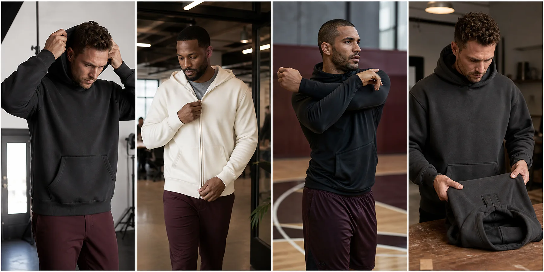 Four-panel comparison of ivory pullover, black zip-up, charcoal performance, and burgundy heavyweight custom hoodies