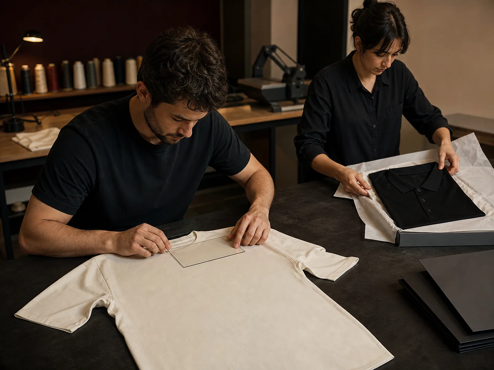 Belle Maya team inspecting embroidery, print placement, and garment finish before fulfillment