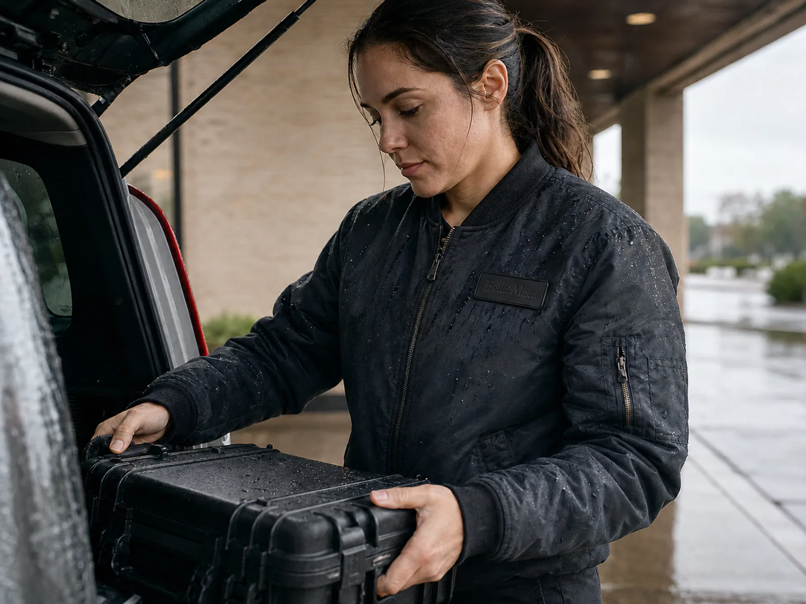 Worker wearing a rain-covered black jacket with a securely attached black-on-black Belle Maya dimensional chest patch