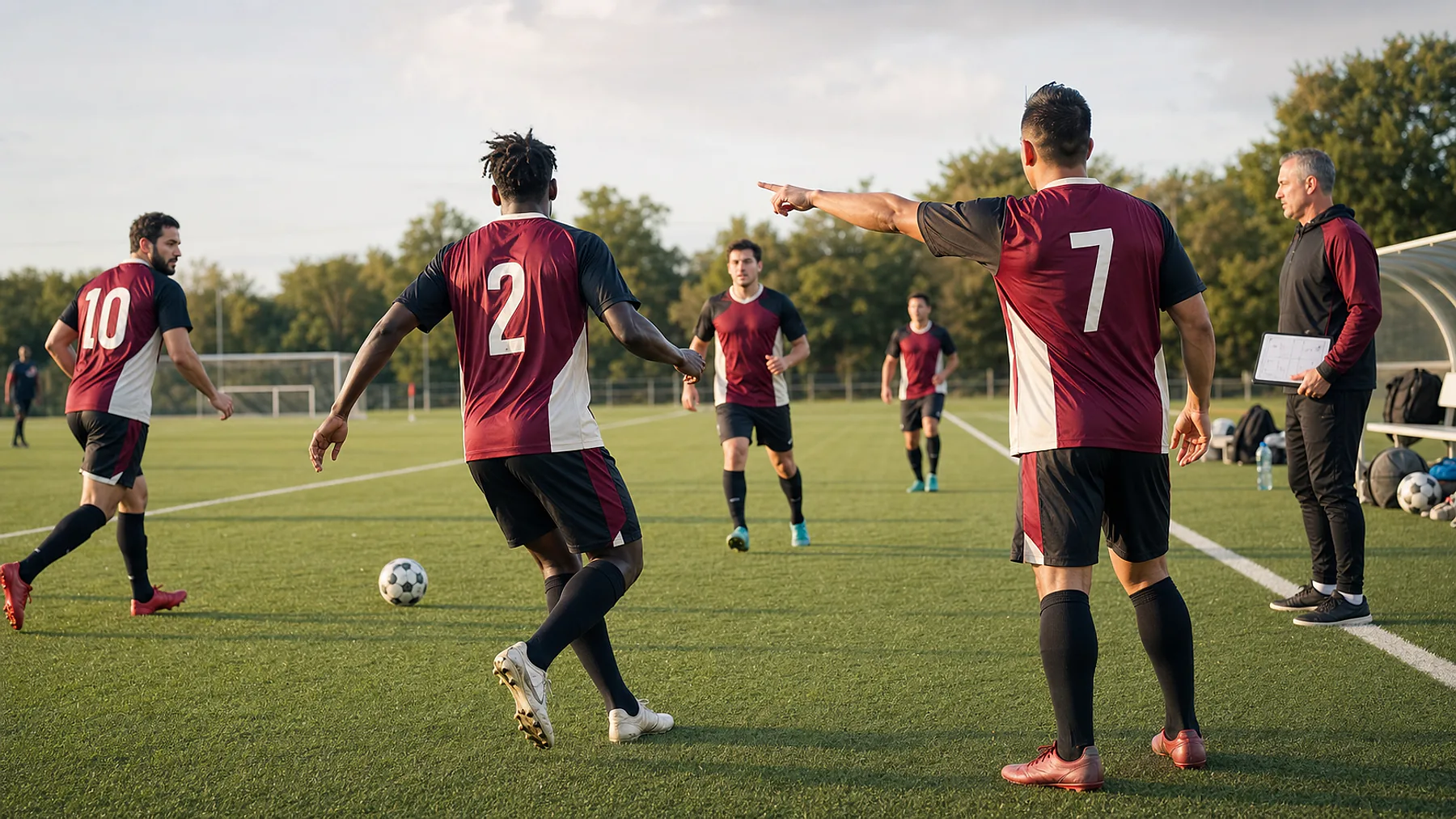 A soccer team in coordinated Belle Maya custom jerseys gathering on the pitch before a match