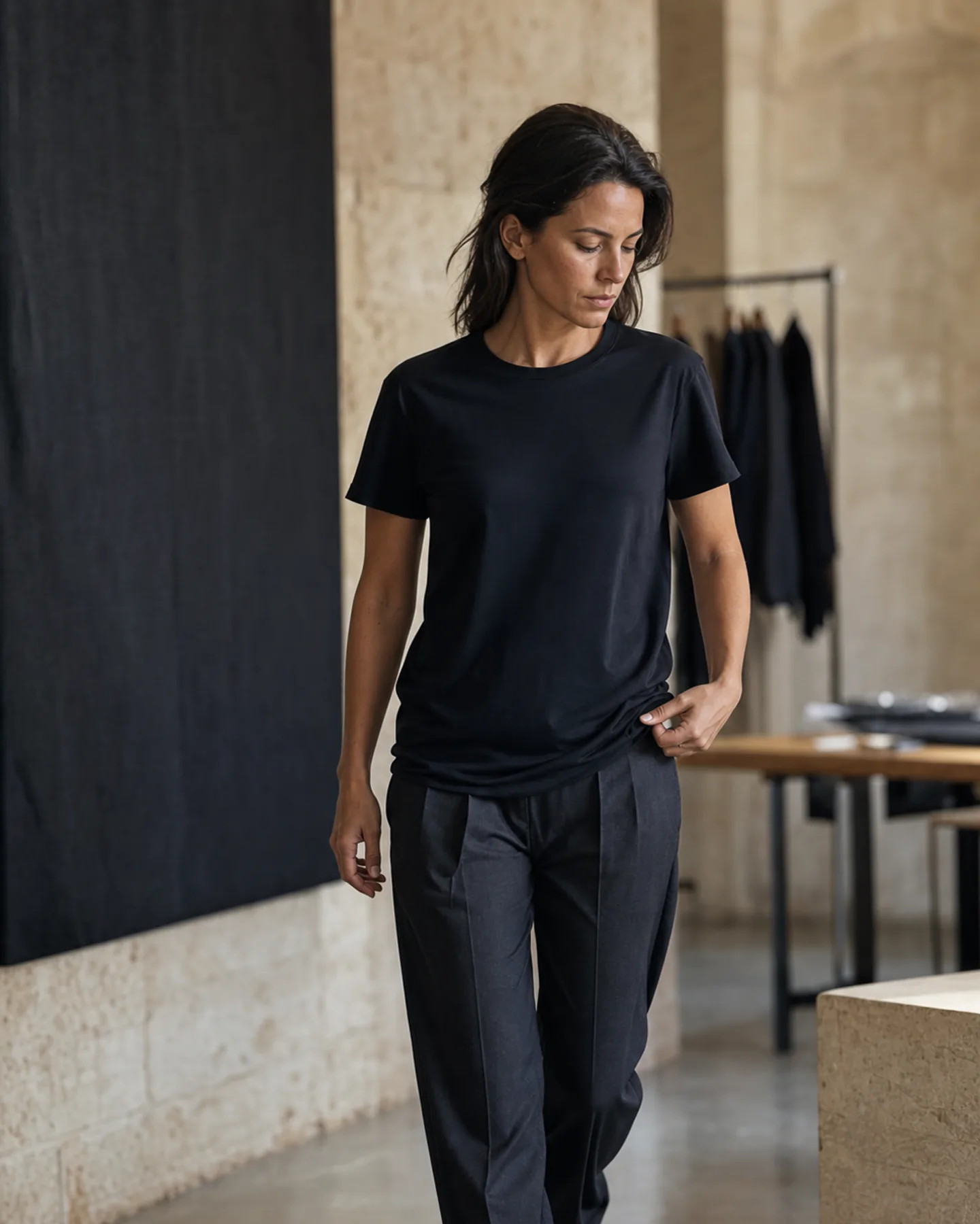 Woman evaluating the fit and drape of a black Belle Maya Supima cotton T-shirt in the studio