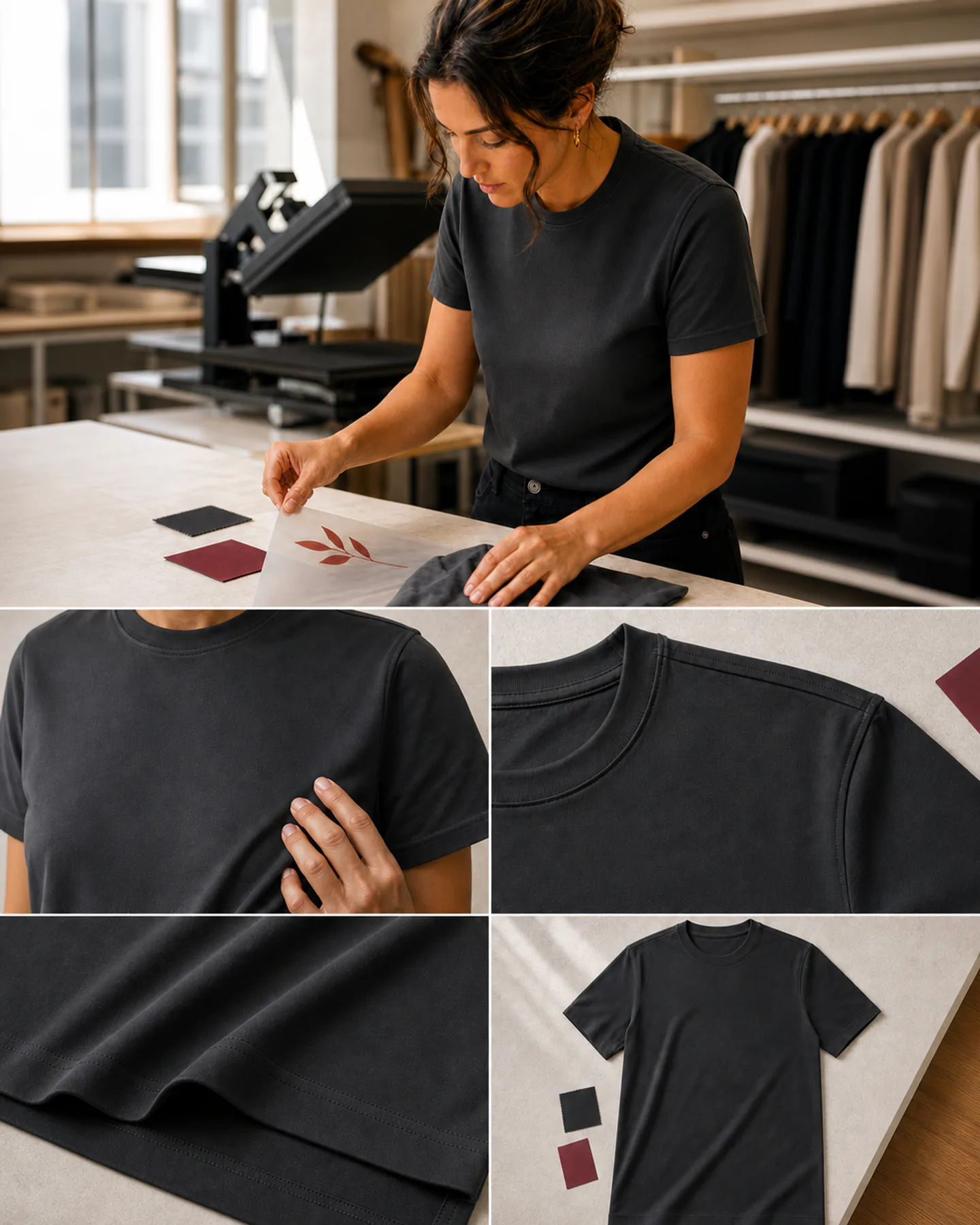Belle Maya premium charcoal T-shirt campaign showing fit, fabric, construction, and production review